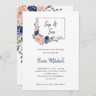 Blush and Navy Floral Geometric   Sip and See Invitation