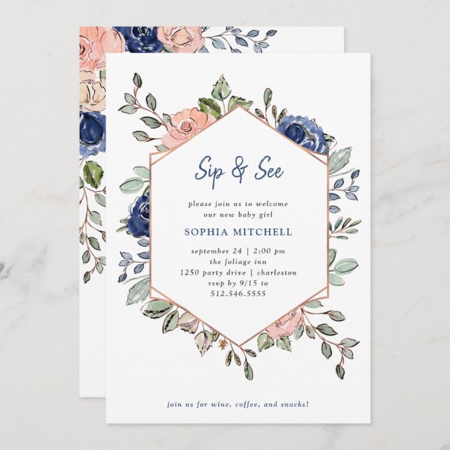 Blush and Navy Floral Geometric | Sip and See Invitation (Front/Back)