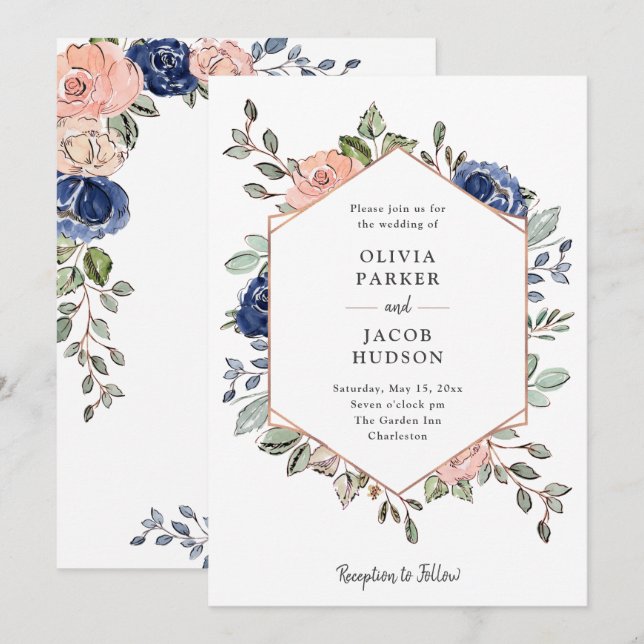 Blush and Navy Floral Geometric | Wedding Invitation (Front/Back)