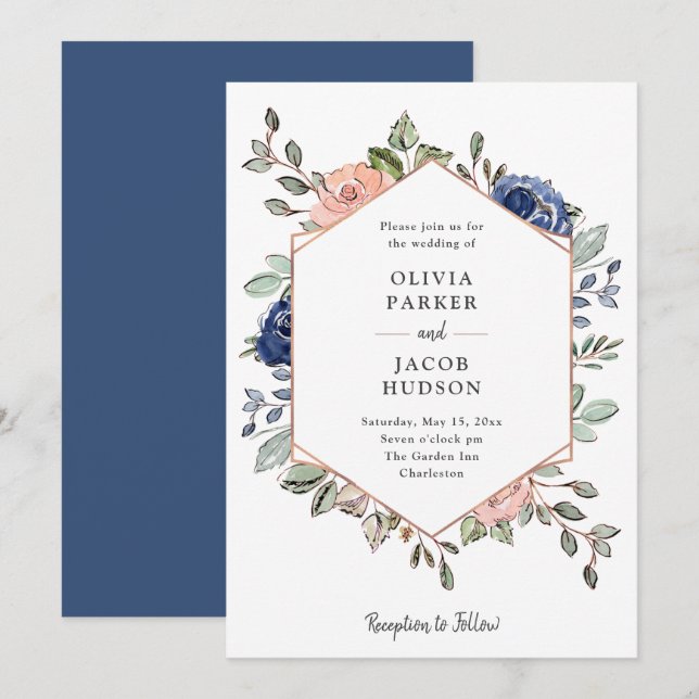 Blush and Navy Floral Geometric | Wedding Invitation (Front/Back)