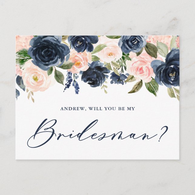 Blush and Navy Floral Will You Be My Bridesman Postcard (Front)