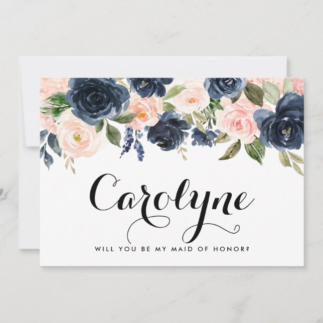 Blush and Navy Flower Will You Be My Maid of Honou Announcement (Front)