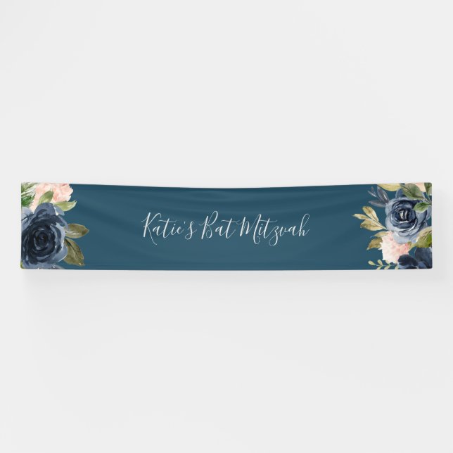 Blush and Navy Flowers | Blue Bat Mitzvah Banner (Horizontal)