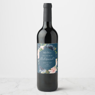 Blush and Navy Flowers   Blue Bridesmaid Proposal Wine Label