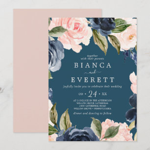 Blush and Navy Flowers   Blue Casual Wedding Invitation