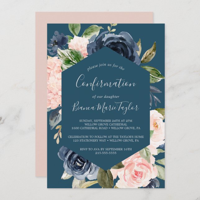 Blush and Navy Flowers | Blue Confirmation Invitation (Front/Back)