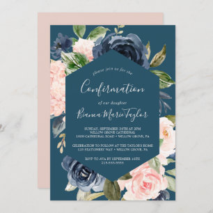 Blush and Navy Flowers Blue Confirmation Invitation