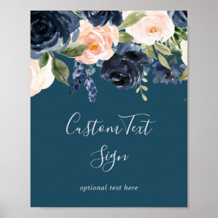 Blush and Navy Flowers   Blue Custom Text Sign