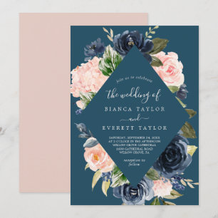 Blush and Navy Flowers Blue Diamond Wedding Invitation
