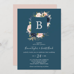 Blush and Navy Flowers   Blue Monogram Wedding Invitation