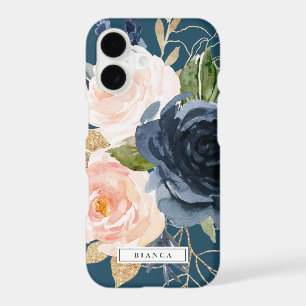 Blush and Navy Flowers Blue Personalised Name