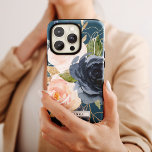 Blush and Navy Flowers | Blue Personalised Name Case-Mate iPhone Case<br><div class="desc">This blush and navy flowers blue personalised name phone case is the perfect gift for her. The classic and elegant design features modern watercolor navy blue and blush pink flowers on a teal blue background. Personalise the case with her first or last name.</div>