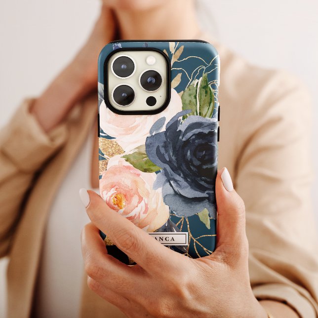 Blush and Navy Flowers | Blue Personalised Name Case-Mate iPhone Case (Creator Uploaded)