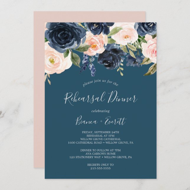 Blush and Navy Flowers | Blue Rehearsal Dinner Invitation (Front/Back)