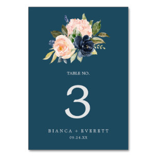 Blush and Navy Flowers   Blue Table Number