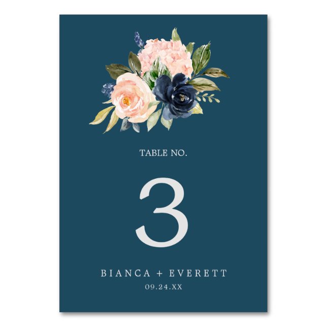 Blush and Navy Flowers | Blue Table Number (Front)