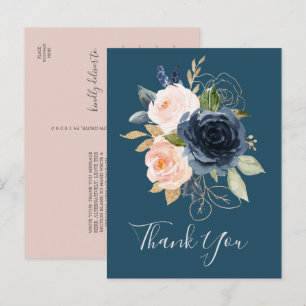 Blush and Navy Flowers Blue Thank You Postcard