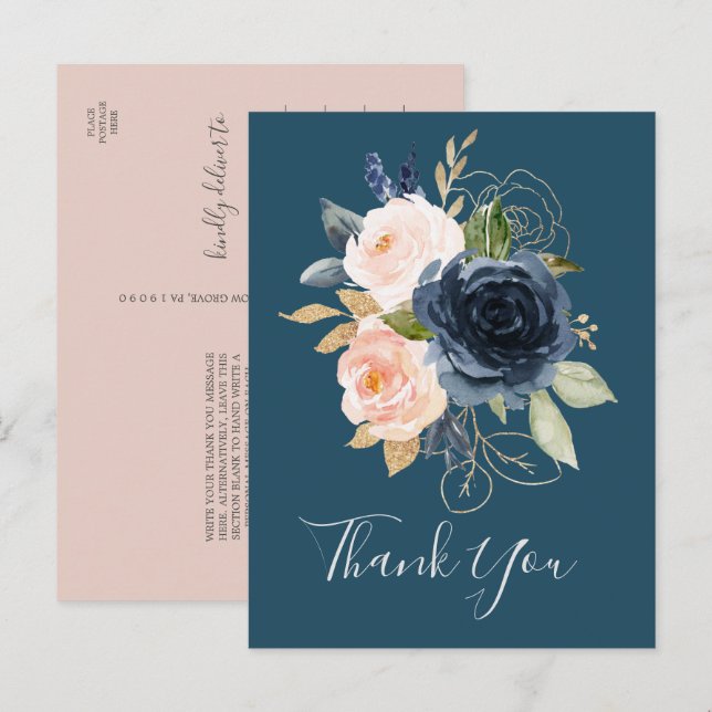 Blush and Navy Flowers | Blue Thank You Postcard (Front/Back)
