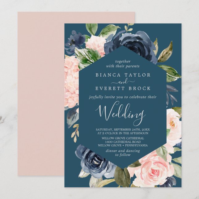 Blush and Navy Flowers | Blue Wedding Invitation (Front/Back)