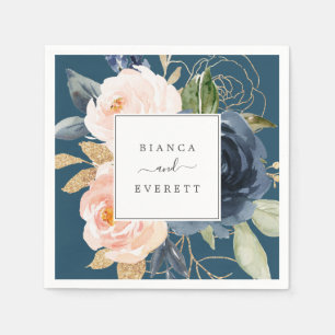 Blush and Navy Flowers Blue Wedding Napkin