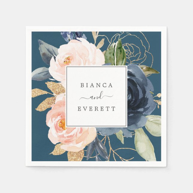 Blush and Navy Flowers | Blue Wedding Napkin (Front)