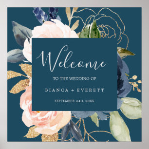 Blush and Navy Flowers   Blue Welcome Wedding Poster