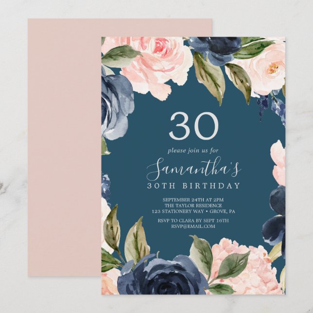 Blush and Navy Flowers Blue Wreath 30th Birthday Invitation (Front/Back)