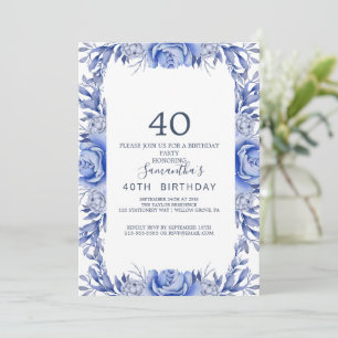 Blush and Navy Flowers Blue Wreath 40th Birthday  Invitation