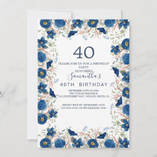 Blush and Navy Flowers Blue Wreath 40th Birthday  Invitation