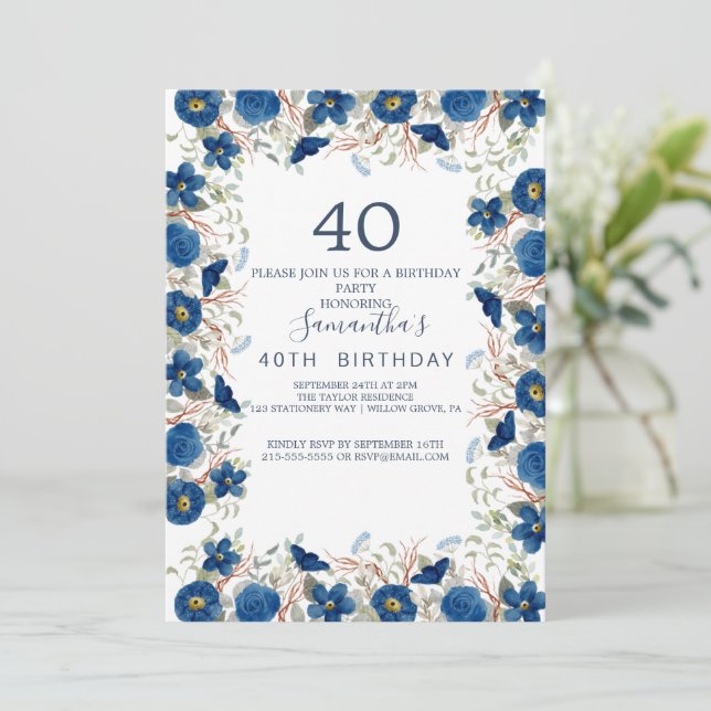Blush and Navy Flowers Blue Wreath 40th Birthday  Invitation (Standing Front)
