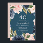 Blush and Navy Flowers Blue Wreath 40th Birthday Invitation<br><div class="desc">This blush and navy flowers blue wreath 40th birthday invitation is perfect for a floral birthday party. The classic and elegant design features modern watercolor navy blue and blush pink flowers on a teal blue background.</div>