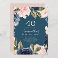Blush and Navy Flowers Blue Wreath 40th Birthday
