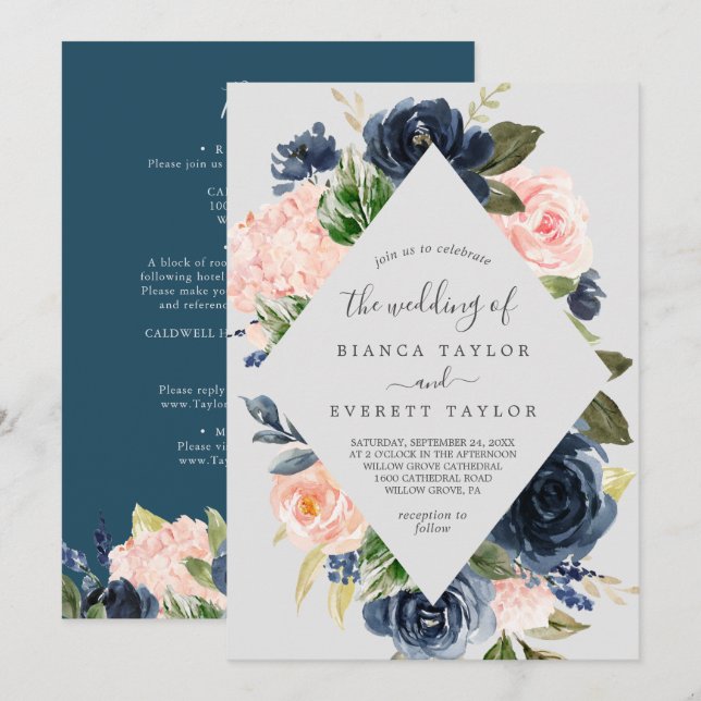 Blush and Navy Flowers | Grey All In One Wedding Invitation (Front/Back)