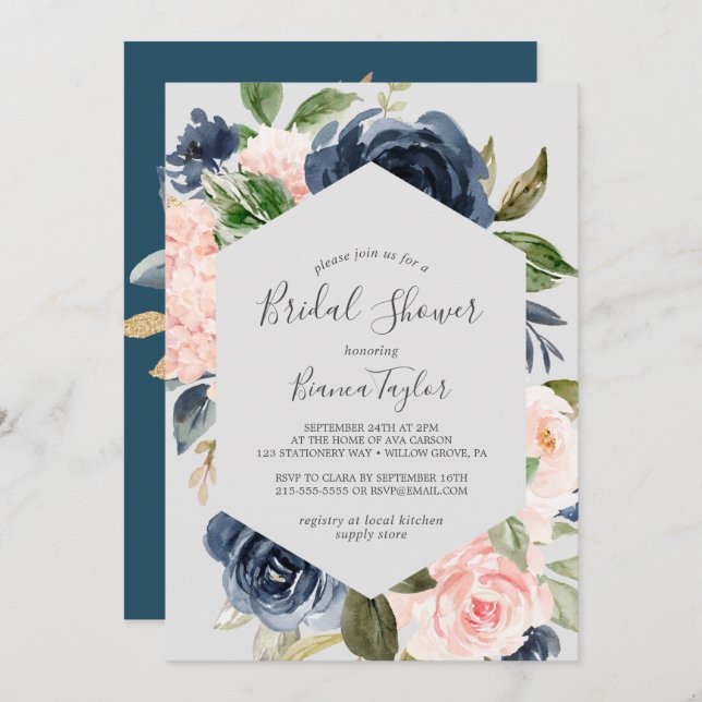 Blush and Navy Flowers | Light Grey Bridal Shower Invitation (Front/Back)