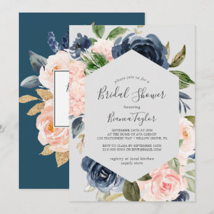 Blush and Navy Flowers   Light Grey Bridal Shower Invitation