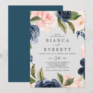 Blush and Navy Flowers   Light Grey Casual Wedding Invitation