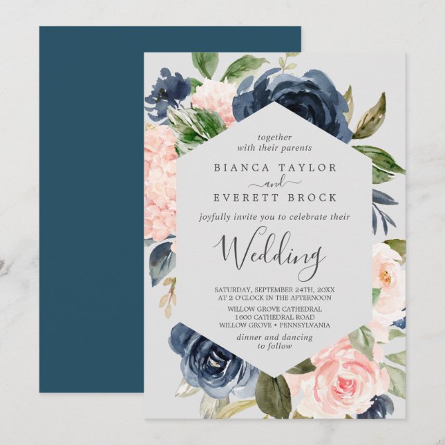 Blush and Navy Flowers | Light Grey Wedding Invitation (Front/Back)