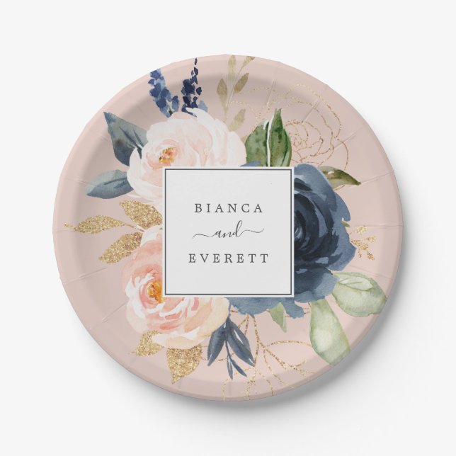 Blush and Navy Flowers | Pink Wedding Paper Plate (Front)