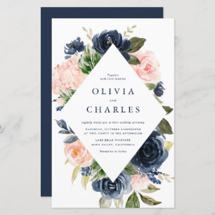 Blush and Navy Flowers QR Code Wedding Invitation