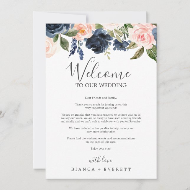 Blush and Navy Flowers Welcome Letter & Itinerary (Front)