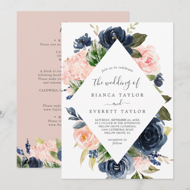 Blush and Navy Flowers | White All In One Wedding Invitation (Front/Back)