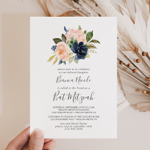 Blush and Navy Flowers   White Bat Mitzvah Invitation