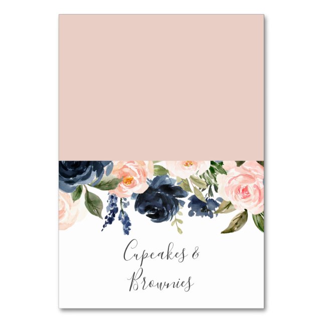 Blush and Navy Flowers | White Buffet Food Label Table Number (Front)