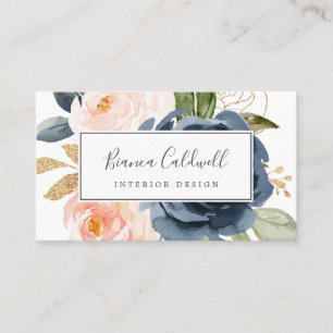 Blush and Navy Flowers White Business Card
