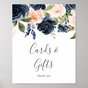 Blush and Navy Flowers White Cards and Gifts Sign