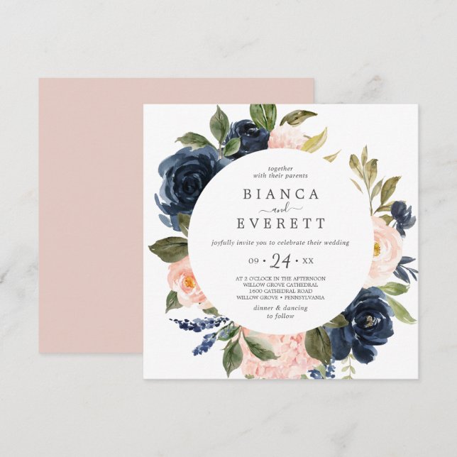 Blush and Navy Flowers White Casual Square Wedding Invitation (Front/Back)