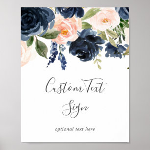 Blush and Navy Flowers   White Custom Text Sign