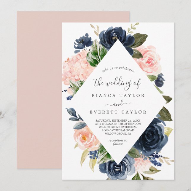 Blush and Navy Flowers | White Diamond Wedding Invitation (Front/Back)