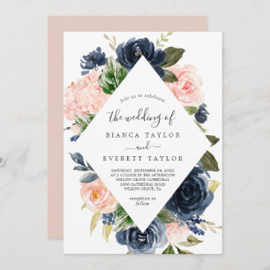 Blush and Navy Flowers White Diamond Wedding Invitation