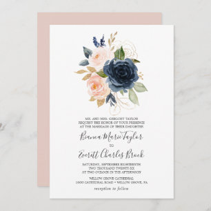 Blush and Navy Flowers   White Formal Wedding Invitation